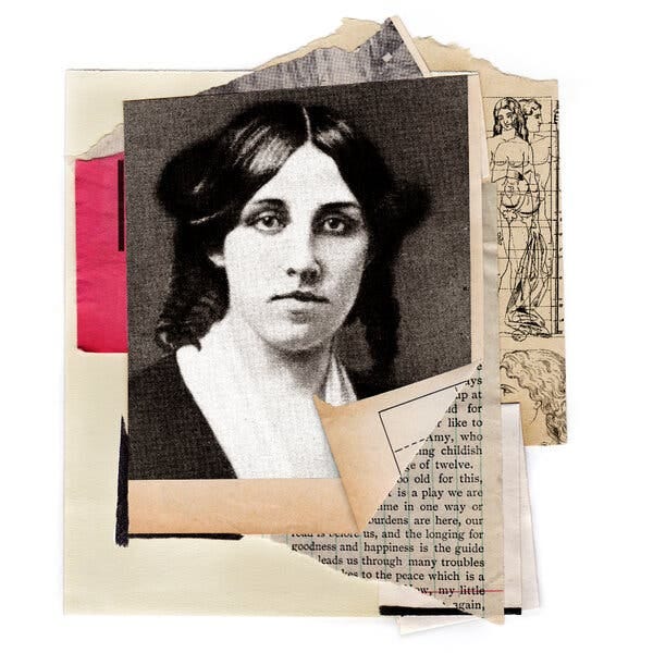 A photo of Louisa May Alcott as if clipped from a newspaper, with torn scraps of paper behind it, including drawings of men’s and women’s figures.