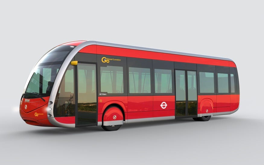 A futuristic tram-shaped red single decker bus