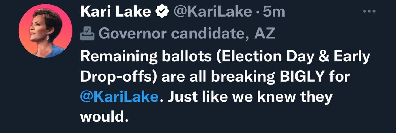 May be a Twitter screenshot of 1 person and text that says 'Kari Lake @KariLake 5m Governor candidate, AZ Remaining ballots (Election Day & Early Drop-offs) are all breaking BIGLY for @KariLake. Just like we knew they would.'
