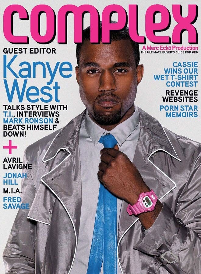 Kanye wearing a pink G-Shock on the cover of Complex (side note: shoutouts to watch guy Fred Savage on the cover too)