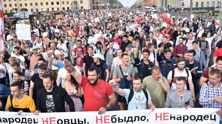 Tens of thousands of people protested in Minsk on Friday after a week of protests and allegations of violence from the country&#39;s security forces.