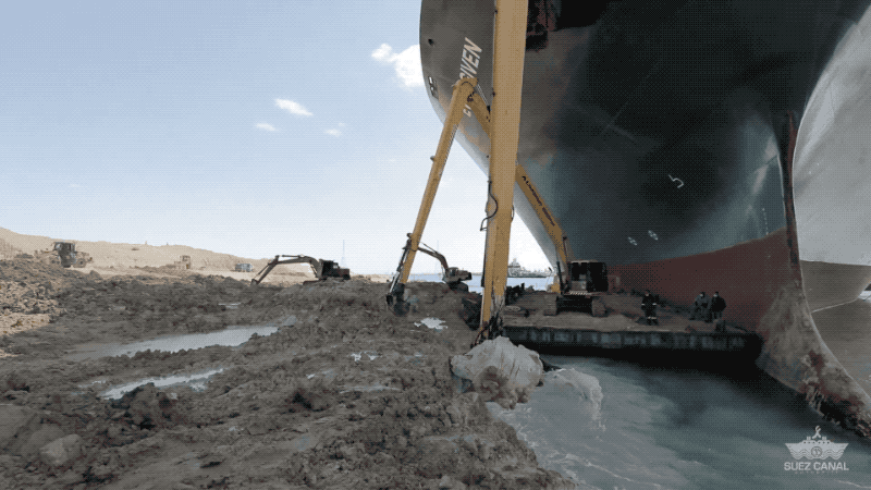 Gif of long-armed diggers digging the boat out