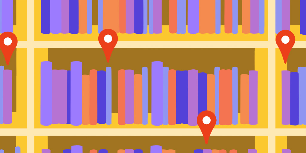 A colorful design showing shelves of books with location pins