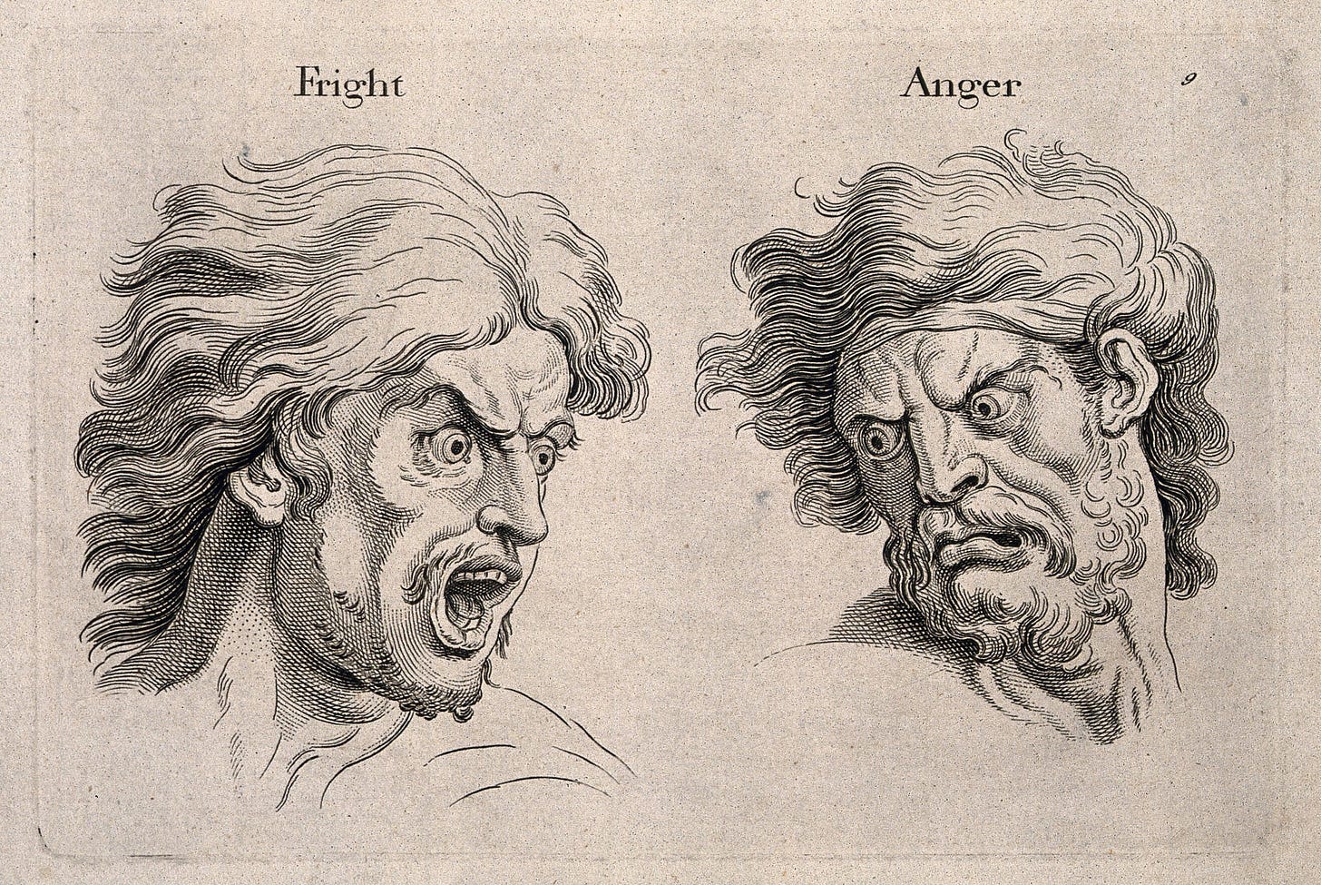 A Frightened and an Angry Face, engraving, c. 1760, after C. Le Brun