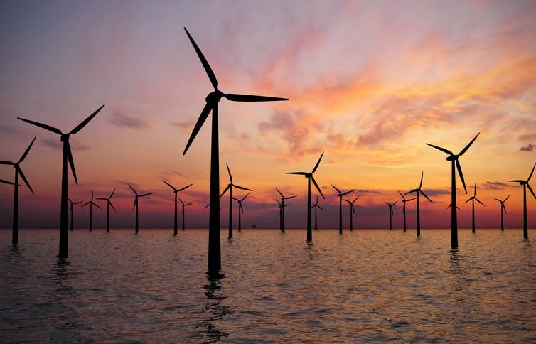 Offshore wind farm at sunset