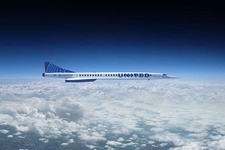 Boom Supersonic Overture aircraft in the clouds.