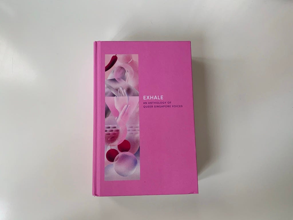 A picture of EXHALE: An Anthology of Queer Singapore Voices, a pink book in hardcover