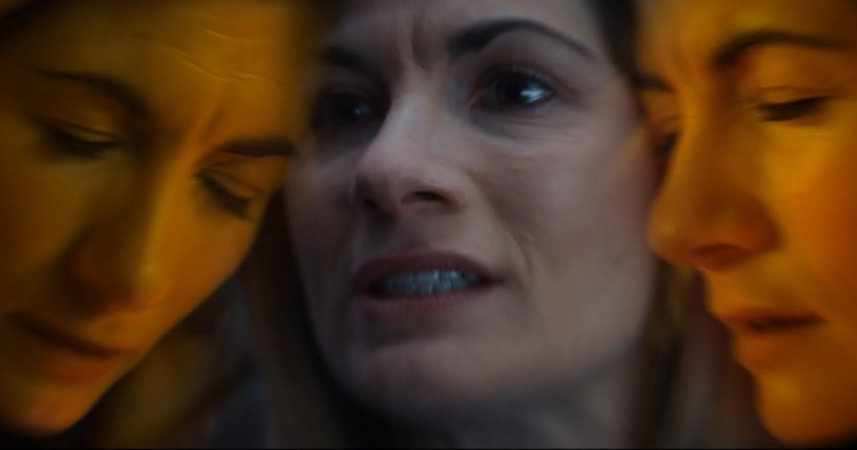 This triptych shows three separate versions of Jodie Whittaker's Thirteenth Doctor (on the left, in the middle, and on the right) as seen in "The Vanquishers," the final chapter of Doctor Who: Flux. This triptych shows three separate versions of Jodie Whittaker's Thirteenth Doctor (on the left, in the middle, and on the right) as seen in "The Vanquishers," the final chapter of Doctor Who: Flux.