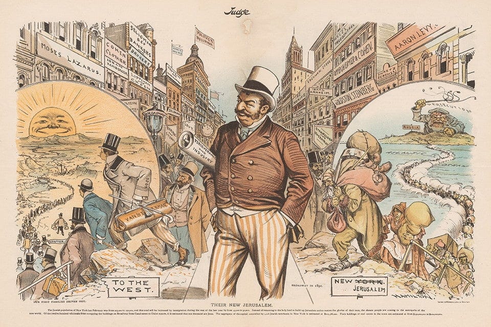 A antisemitic cartoon from 1892 showing Jews streaming into New York City and supposedly taking over. 