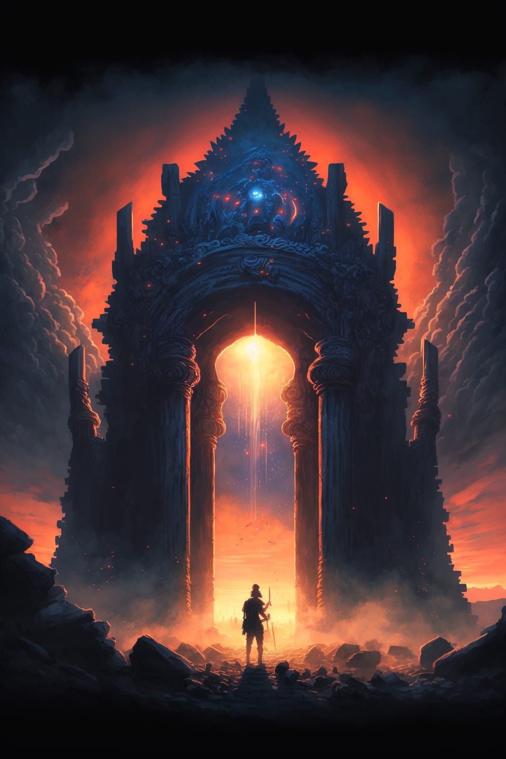 Majestic Ancient Temple, Anime art, Moody, Sunrise, Fantasy Landscape, Volumetric Lighting, Digital painting, Marc Allante, Studio Ghibli, dramatic, Intricate detail, Beksinski, Andreas Rocha, Dan Luvisi