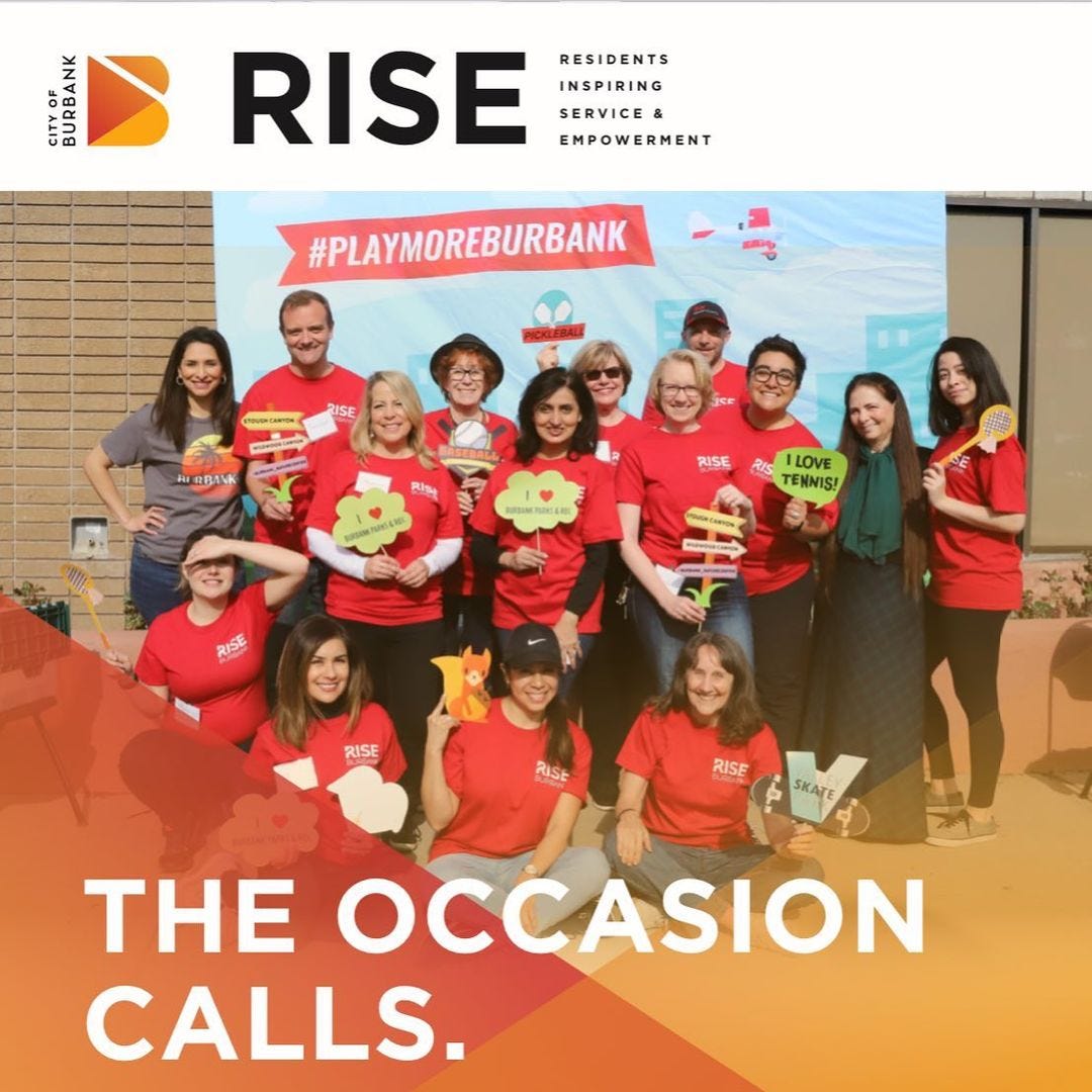 May be an image of 11 people, people standing and text that says 'SLG RISE SERVICE& RESIDENTS INSPIRING EMPOWERMENT #PLAYMOREBURBANK LISE RERBANK RISE RIS LOVE TENNIS! RISE RISE RISE RISE SKATE THE OCCASION CALLS.'