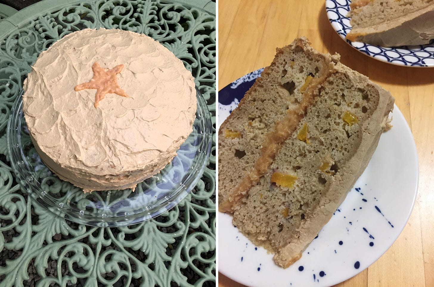 left image: a round cake with brown sugar icing spread in waves sits on a green wrought-iron table. A sloppy star made of pink peach curd is drawn on top. Right image: a slice of the cake on its side on a white plate. Pieces of peach are visible throughout the cake layers, and between the layers is some of the peach curd.