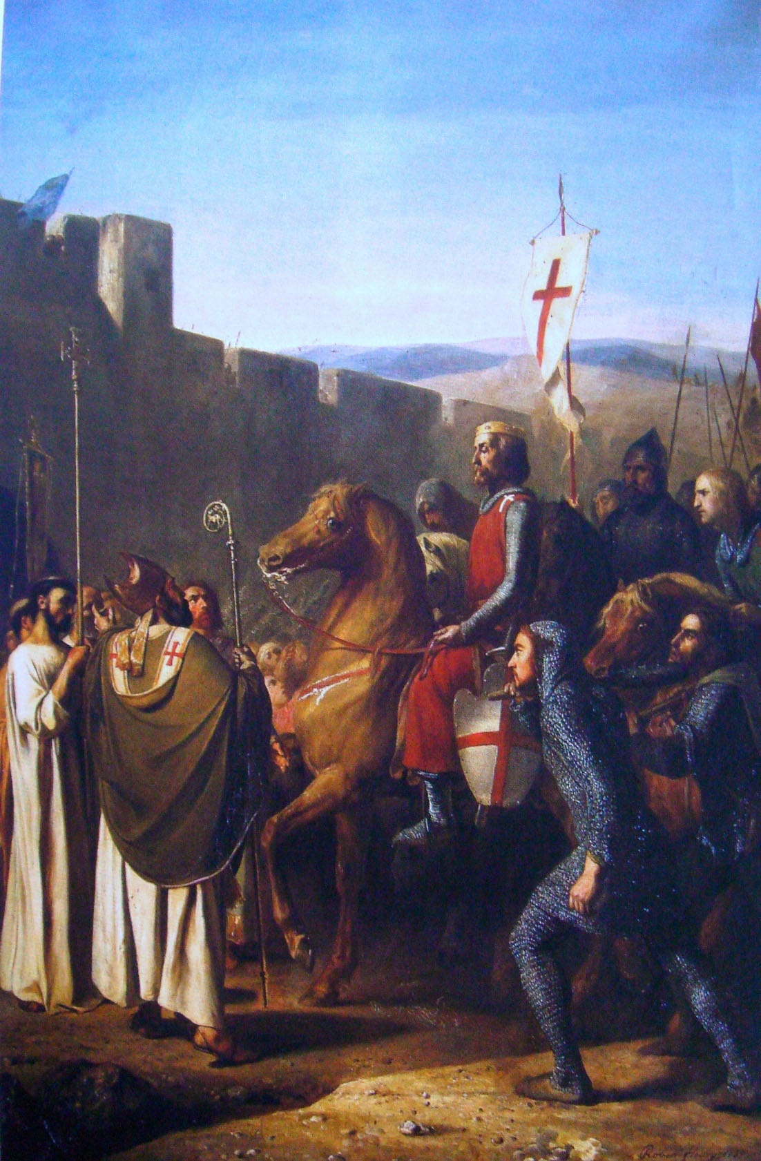 This is a painting featuring the Crusaders. A man, probably Richard the Lionheart, is featured horseback. Behind him is a white banner with a red cross. He is surrounded by knights in armor and Catholic-looking priests. They are about to invade a castle. There's a pretty blue sky above them.