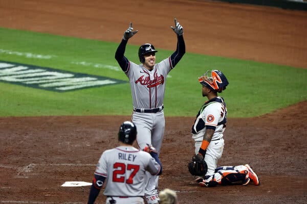 In what could be his final game with Atlanta, Freddie Freeman homered in the seventh inning after having driven in a run with a double in the fifth.