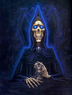 An illustration of the character of Death from Terry Pratchett's Discworld. Death is skeletal, as expected, wearing a black robe outlined with a blue glow. A small brown tabby kitten sits in front of him, and he is stroking it with one hand. 