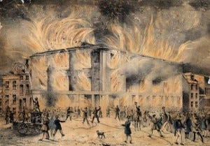 In this dramatic illustration of the burning of Pennsylvania Hall, firefighters douse nearby buildings but do not attempt to extinguish the blaze. (Library Company of Philadelphia)