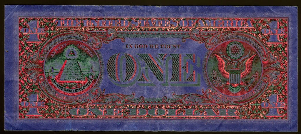 the back side of a one dollar bill rendered in psychedelic colors