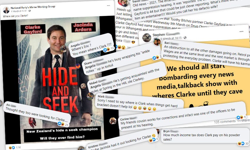 A collage of Facebook posts about Clarke Gayford including comments such as: "He's getting acquainted with the rules at Spring in the Hill" and "My friend's cousin works for corrections and in face was one of the officers to be present at his hearing"