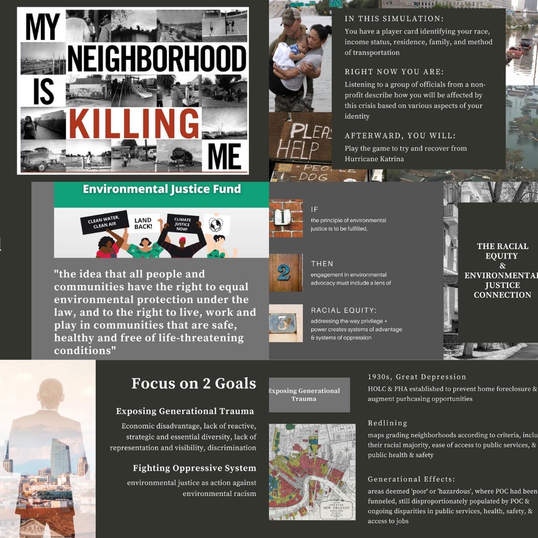 [ID: nine slides from presentational portion of simulation shown, with powerful graphics. One says “My neighborhood is killing me”; there are images of Hurricane Katrina’s floods and decrepit cities and people protesting for environmental justice.]