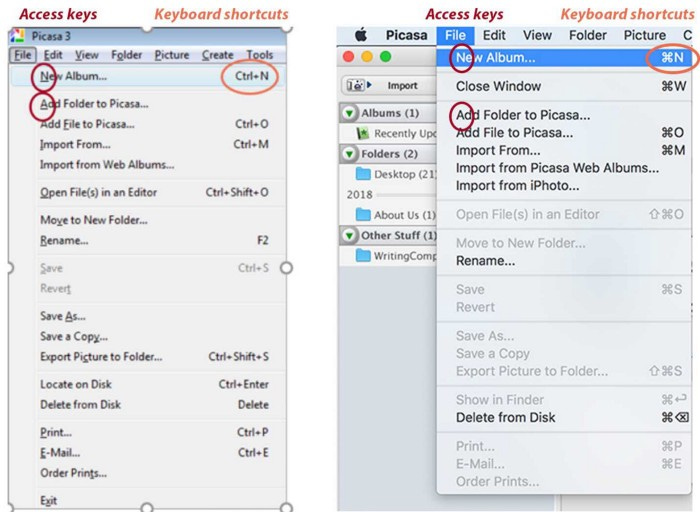 A side by side comparison of Access Keys and keyboard shortcuts. Navigation menus are open (Windows on the left, Mac on the right), and two things are circled. The circle on the left is an access key: this is when you can press the first letter of a feature to use it. The circle on the right is a keyboard shortcut (Ctrl + N) which allows you to do the function without clicking on the menu.