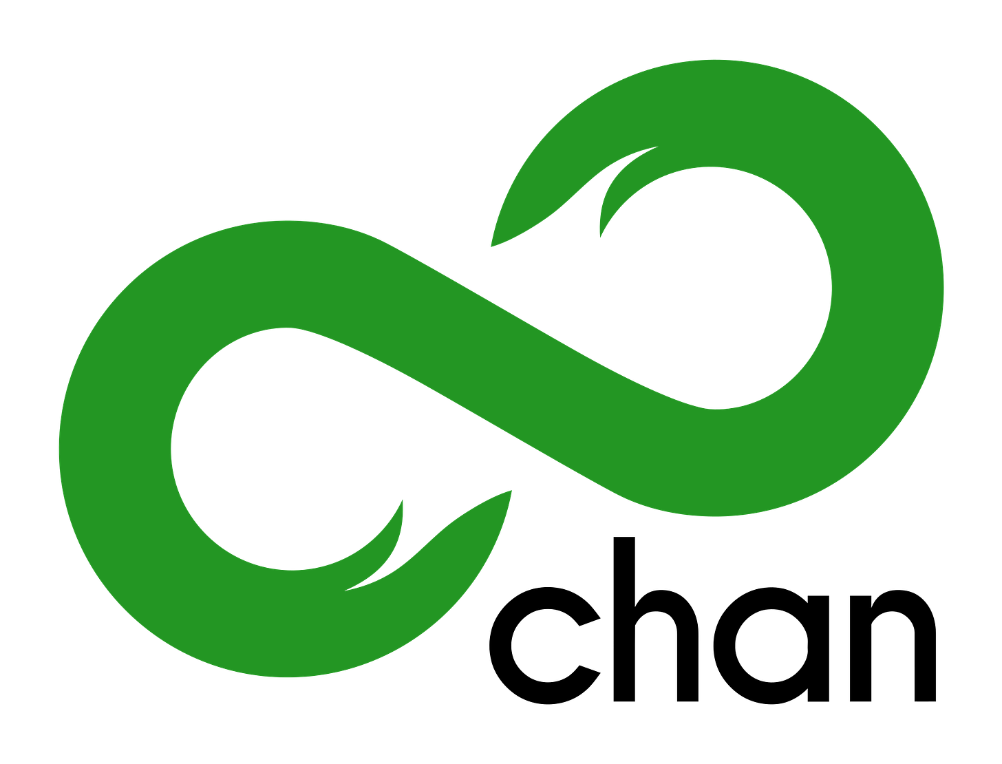 Green infinity symbol, with "chan" underneath in black lowercase sans serif text