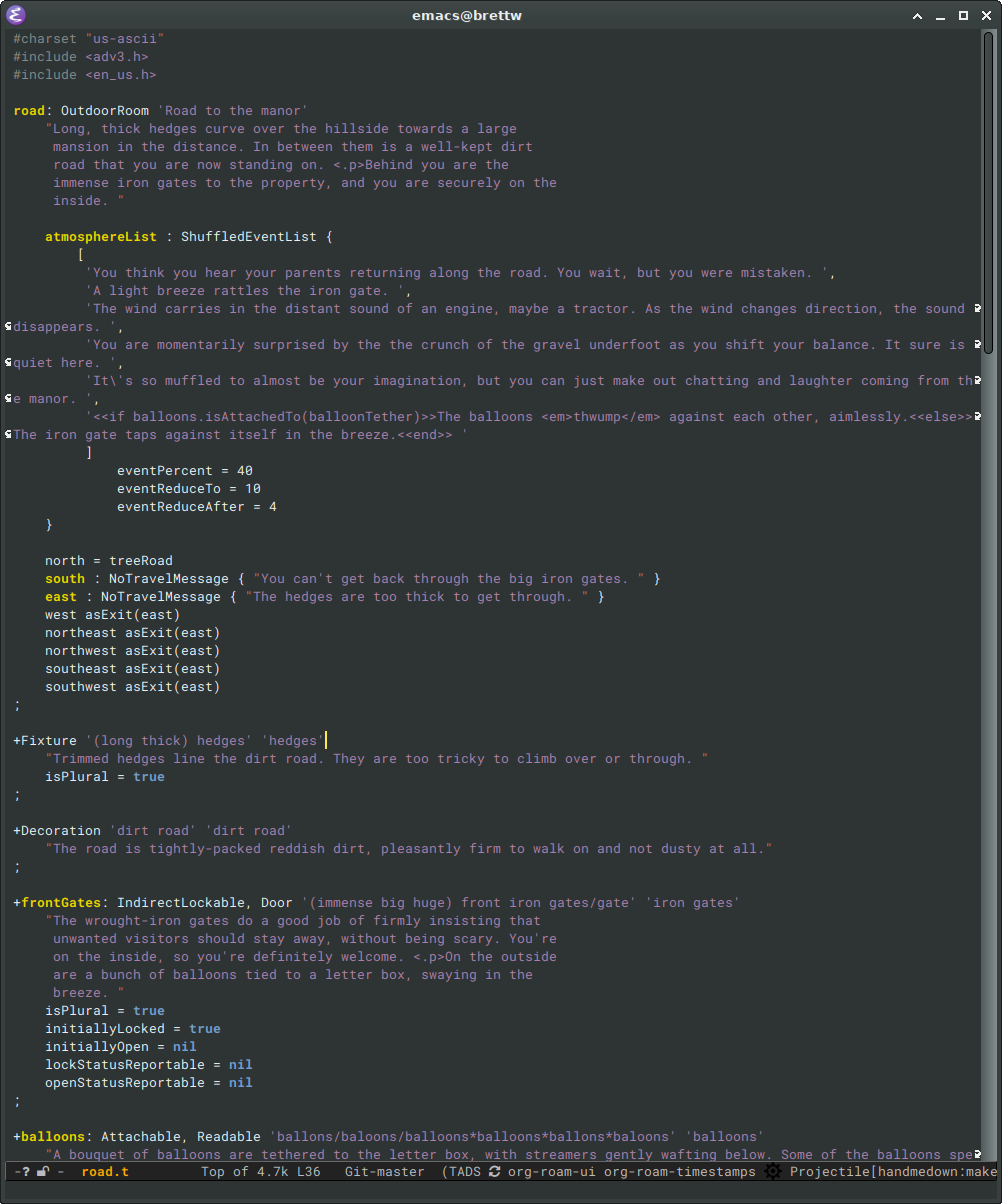 A screenshot of an Emacs window with TADS 3 code describing the first room of Hand Me Down