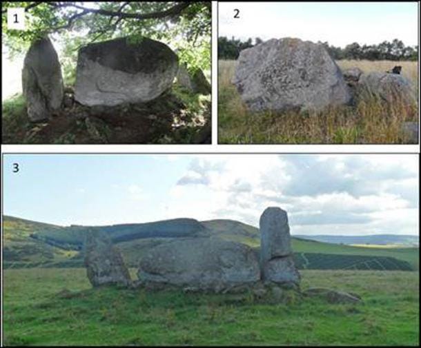 Figure 4. Three examples of the thin, oval-shaped recumbent stones. 1 = Dunnideer RSC; 2 = Wantonwells RSC; 3 = Stonehead RSC. (Author provided)