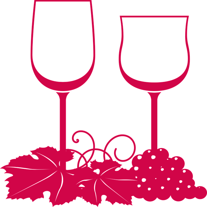 Glasses, Wine, Grapes, Leaves, Pink, Silhouette