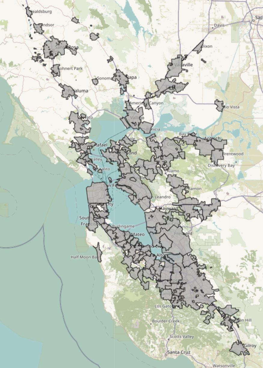 A map showing the borders of all 101 municipalities of the San Francisco Bay Area