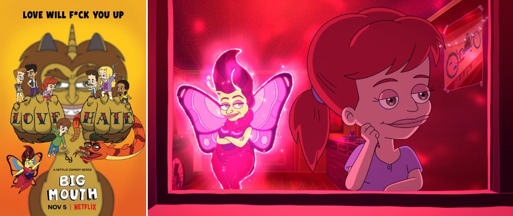 Big Mouth season five poster; screenshot of Jessie and her lovebug, Sonya