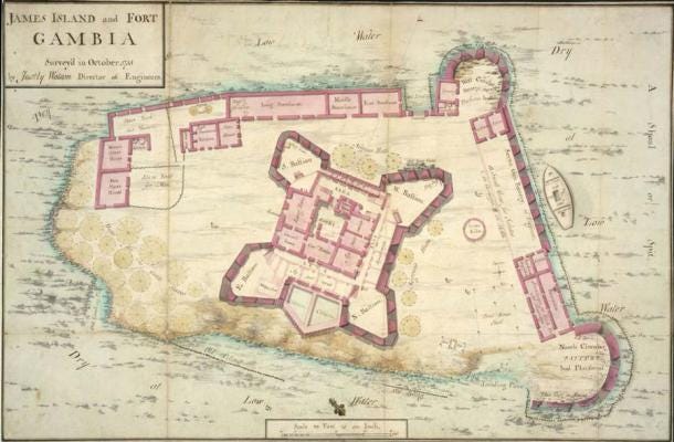 Plan of Kunta Kinteh Island, once known as James Island, in Gambia. (Public domain)