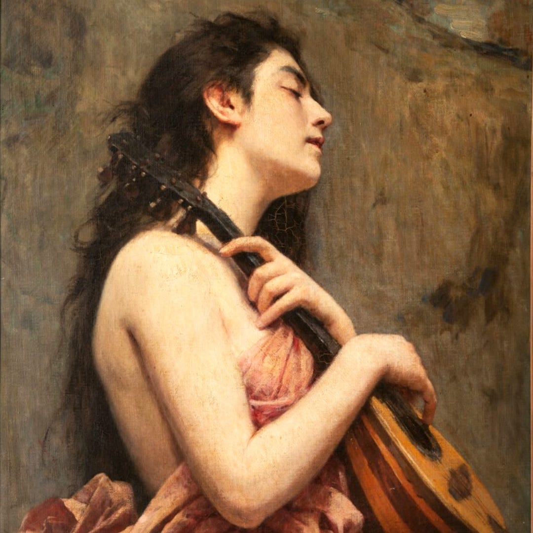  classic european oil paint. A feminine individual leans with her eyes closed against the wall and hold a mandolin over her chest as if embracing it. Her draped rose dress leave her shoulder bare. The mood is soft and intimate. 