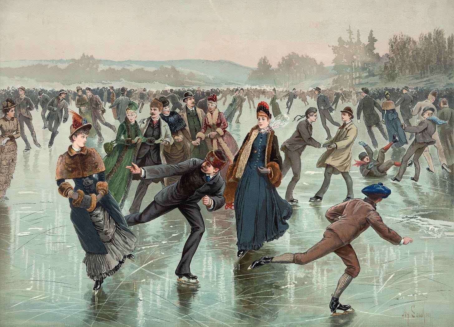 19th century illustration of people skating on a pond or river