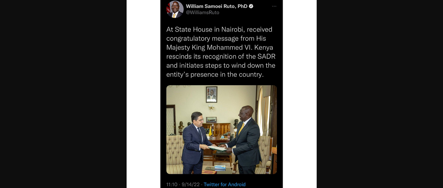 Kenya: new President Ruto tweets about not recognising Sahrawi as republic...then deletes the tweet after it drew mixed reactions from Kenyans