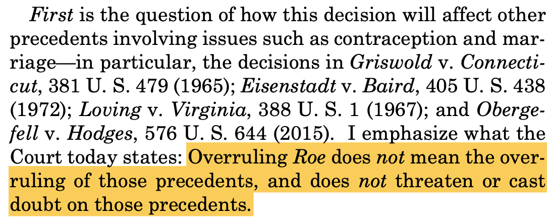 "First is the question of how this decision will affect other precedents involving issues such as contraception and mar- riage—in particular, the decisions in Griswold v. Connecti- cut, 381 U. S. 479 (1965); Eisenstadt v. Baird, 405 U. S. 438 (1972); Loving v. Virginia, 388 U. S. 1 (1967); and Oberge- fell v. Hodges, 576 U. S. 644 (2015). I emphasize what the Court today states: Overruling Roe does not mean the over- ruling of those precedents, and does not threaten or cast doubt on those precedents."
