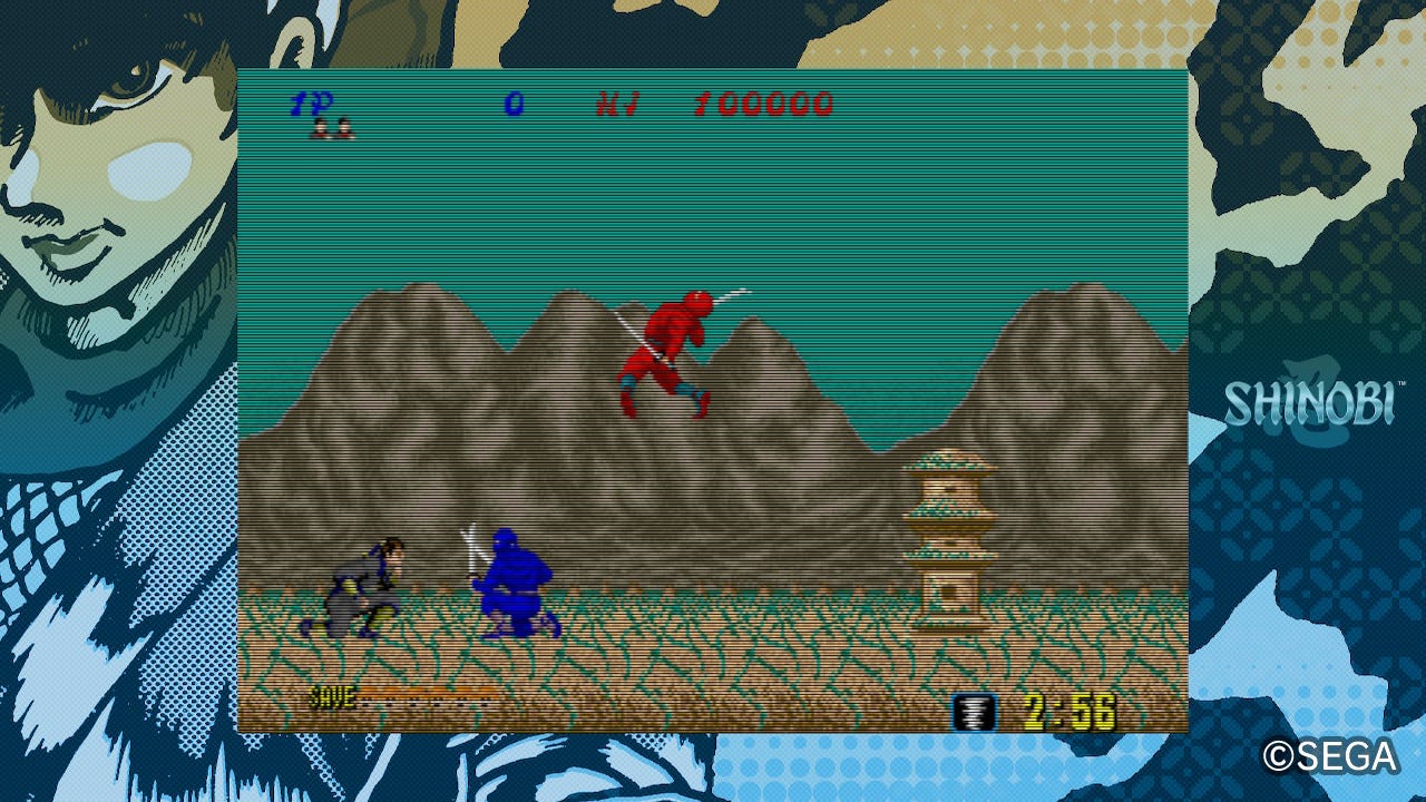 A screenshot of a blue ninja and a red ninja coming after Joe: the red ninja is flying backward through the air after being repelled by a shuriken, while Joe and the blue ninja are both crouching and about to attack each other
