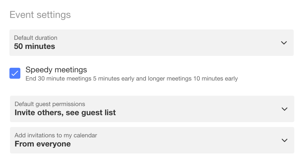 Mockup of Google Calendar’s settings interface, highlighting where to find the “Speedy meetings” option