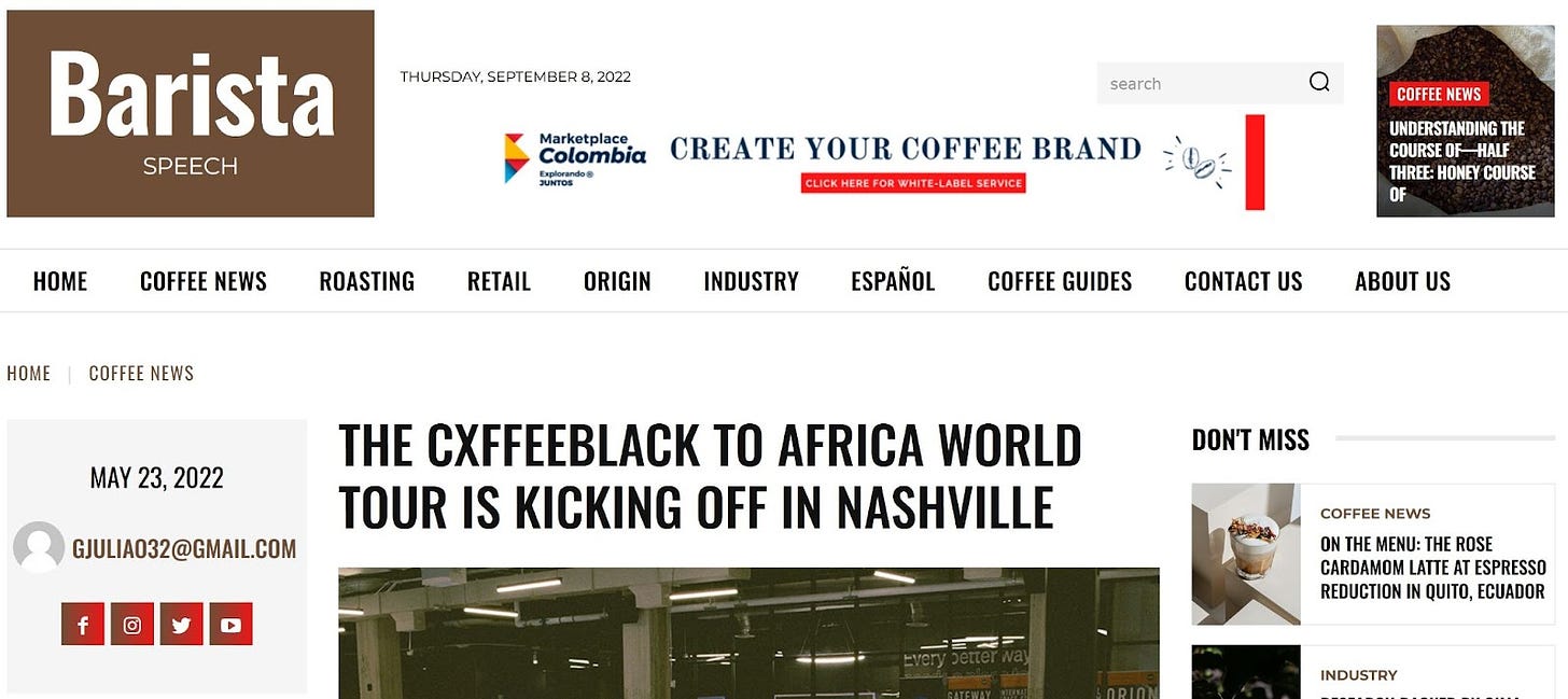 Screenshot of the Barista Speech page, with headline reading The Cxffeeblack to Africa World Tour is Kicking Off in Nashville and an ad for Marketplace Colombia