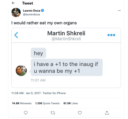The tweet that followed Martin’s cheeky DM about Trump’s inauguration. 