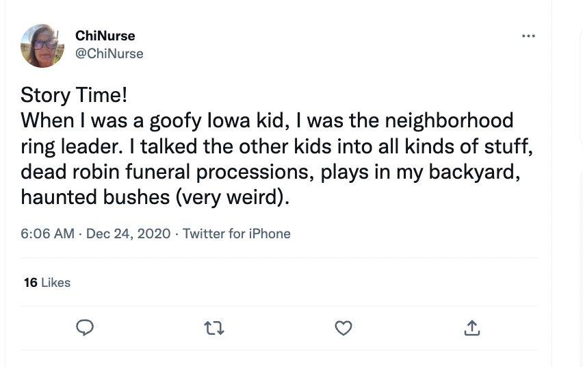 A screencap of a tweet from December 24, 2020 by @chinurse that reads "Story Time! When I was a goofy Iowa kid, I was the neighborhood ring leader. I talked the other kids into all kinds of stuff, dead robin funeral processions, plays in my backyard, haunted bushes (very weird).