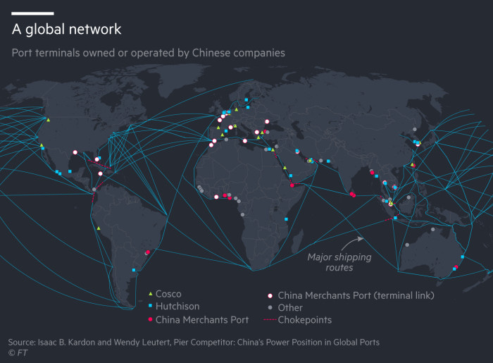 Map showing the global network of port terminals owned or operated by Chinese companies 