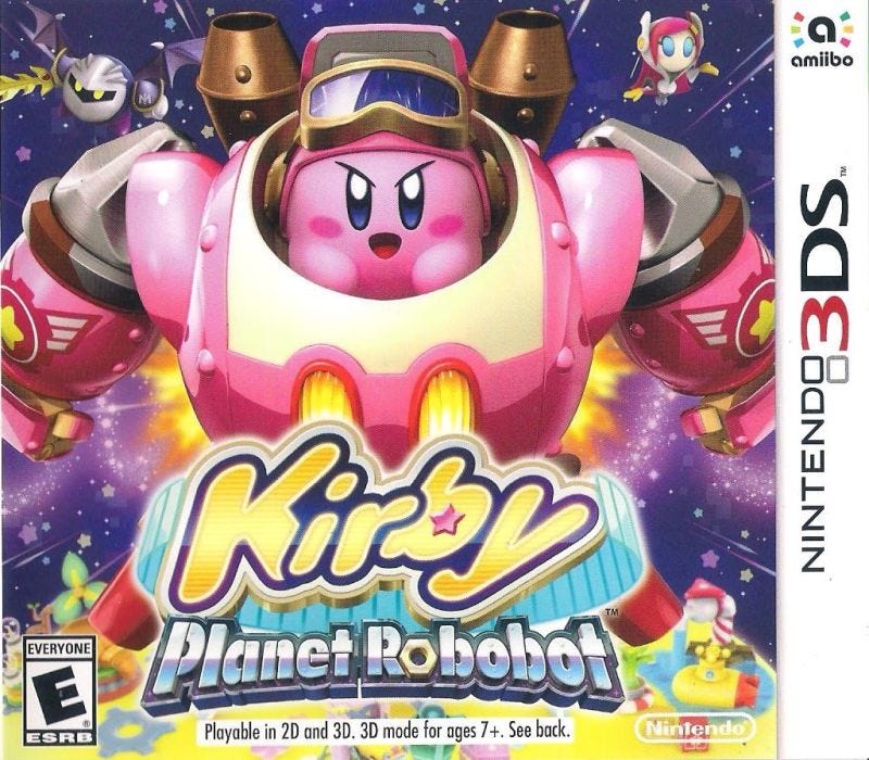 The box art for Planet Robobot, featuring Kirby flying toward the screen while piloting his mech. Meta Knight and new character Susie are both in the background, as is the now mechanized Planet Popstar
