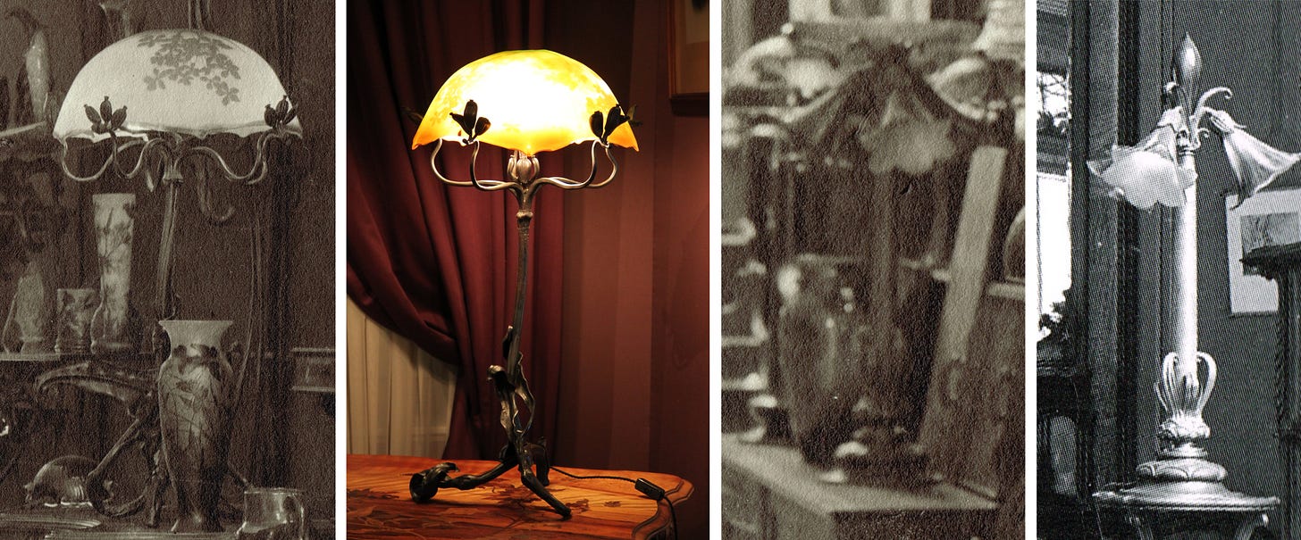 Left : Lampe aux Ombelles, ca. 1902, detail from the showroom's photograph (left) and specimen from the Corbin collection (right) (Musée de l'École de Nancy, inv. 265 ; Wikimedia Commons CC-BY User:Lena). Right : Lampe aux Amaryllis, ca. 1904, detail from photographs of the showroom (left) and of the Gallé stand in the 1909 exhibition (right, private collection).