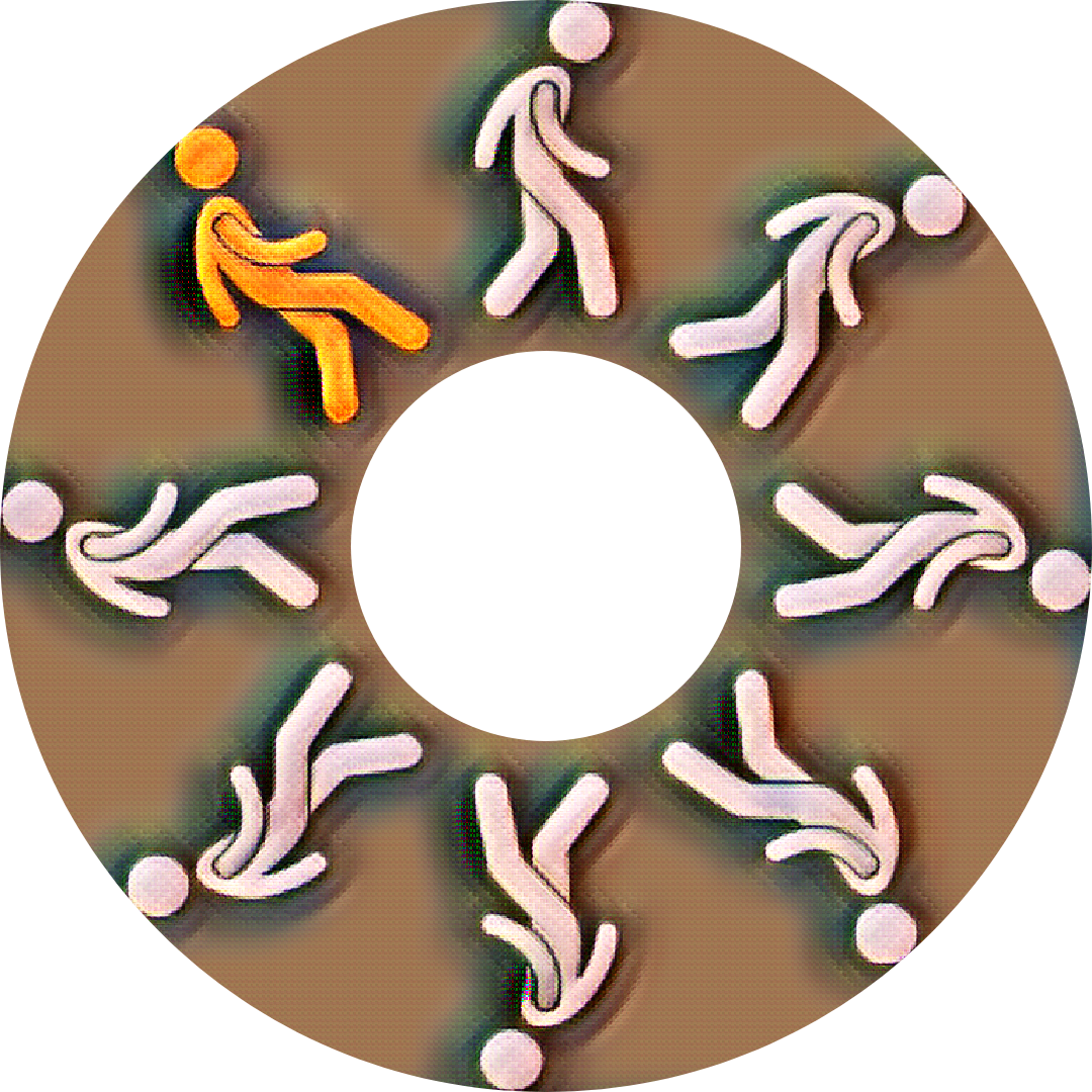 8 figures walking counter clockwise in a circle, seven pink and one yellow