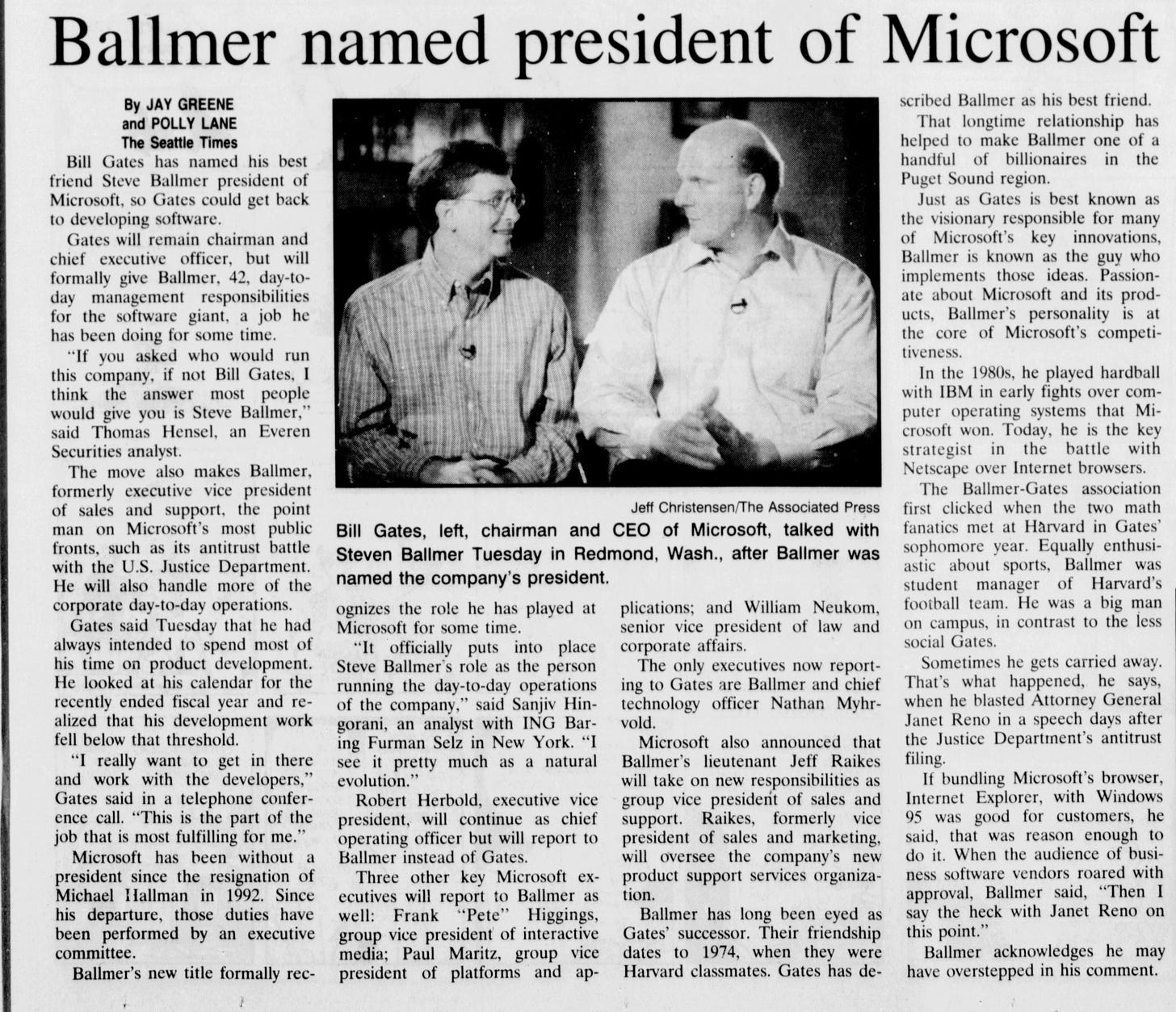 Scanned article "Ballmer named president of Microsoft"