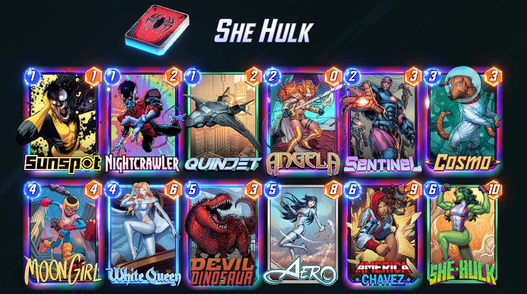 A deck screenshot containing the following carsd. Sunspot, Nightcrawler, Quinjet, Angela, Sentinel, Cosmo, Moon Girl, White Queen, Devil Dinosaur, Aero, America Chavez, She-Hulk.