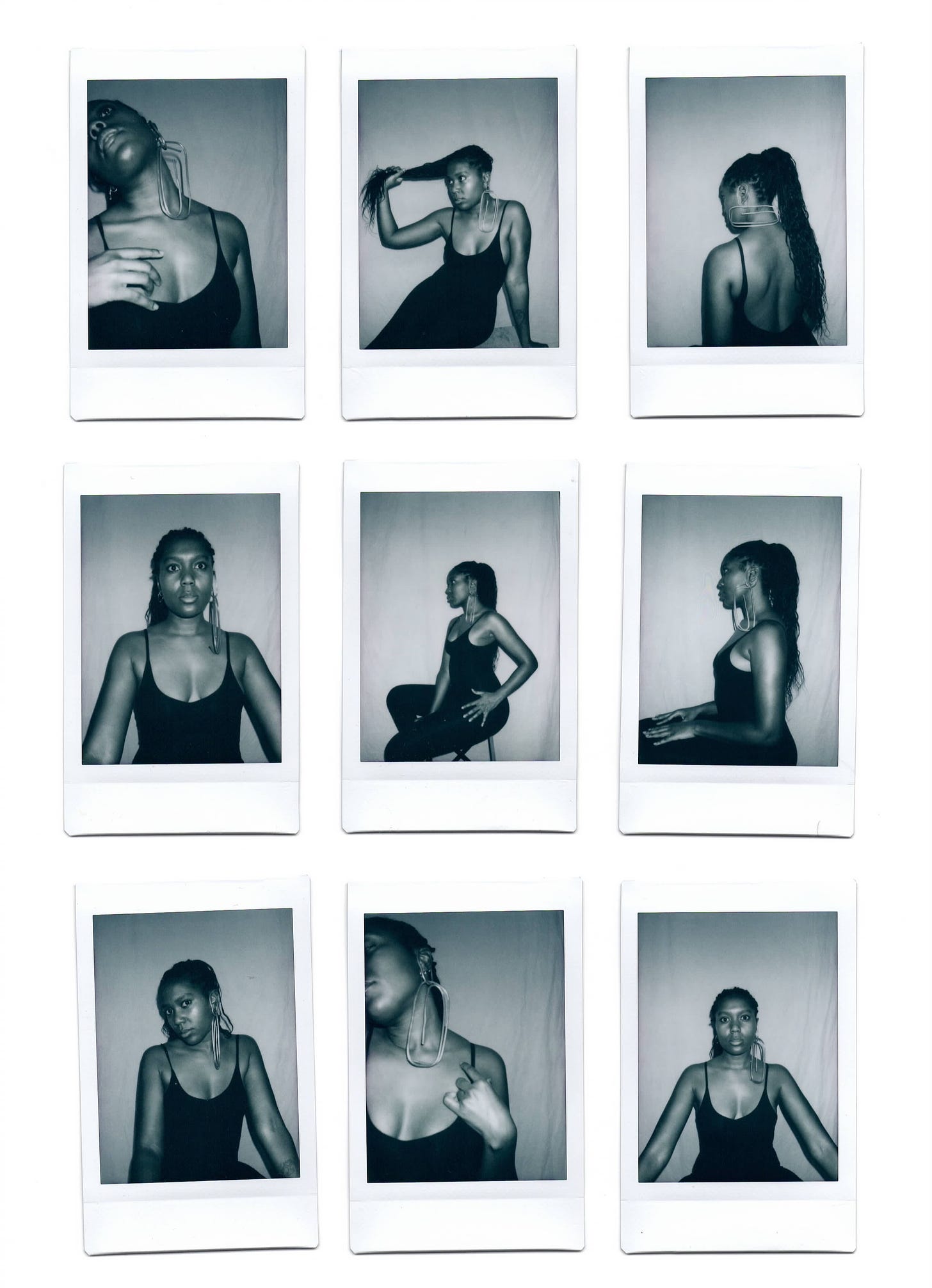 A grid of black and white instax mini portraits on a white background. I am wearing long black box braids pulled into a high ponytail and a black spaghetti strap bodysuit.