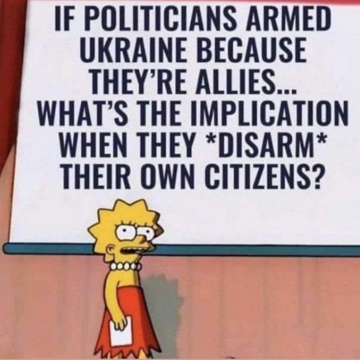 May be an image of text that says 'IF POLITICIANS ARMED UKRAINE BECAUSE THEY'RE ALLIES... WHAT'S THE IMPLICATION WHEN THEY *DISARM* THEIR OWN CITIZENS?'