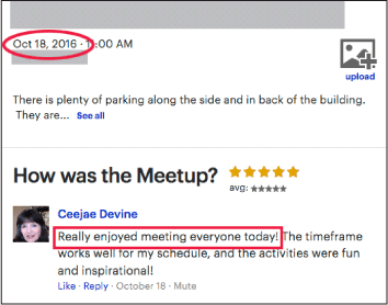 Screenshot of Meetup follow-up comment.