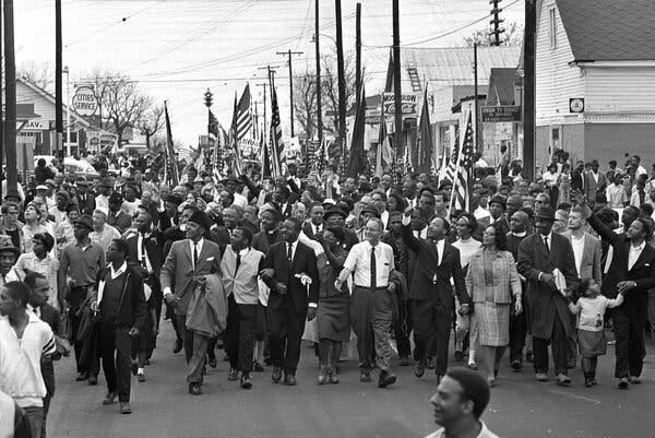 The new A.P. course in African-American studies will include the civil rights movement.  Here,  Dr. Martin Luther King Jr. leads marchers at the start of a five-day voting-rights march to Montgomery, Ala., in 1965.